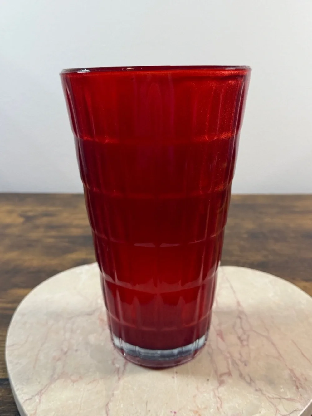 Red Textured Tempered Glass Tumbler Vase, 9” High, Made In USA, Very Heavy